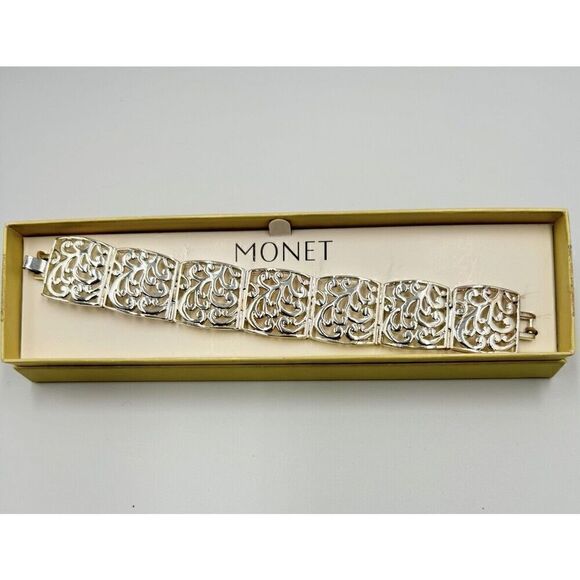 Monet Signed New Silver Tone Scroll Panel Link Wide Statement Bracelet - Picture 1 of 9